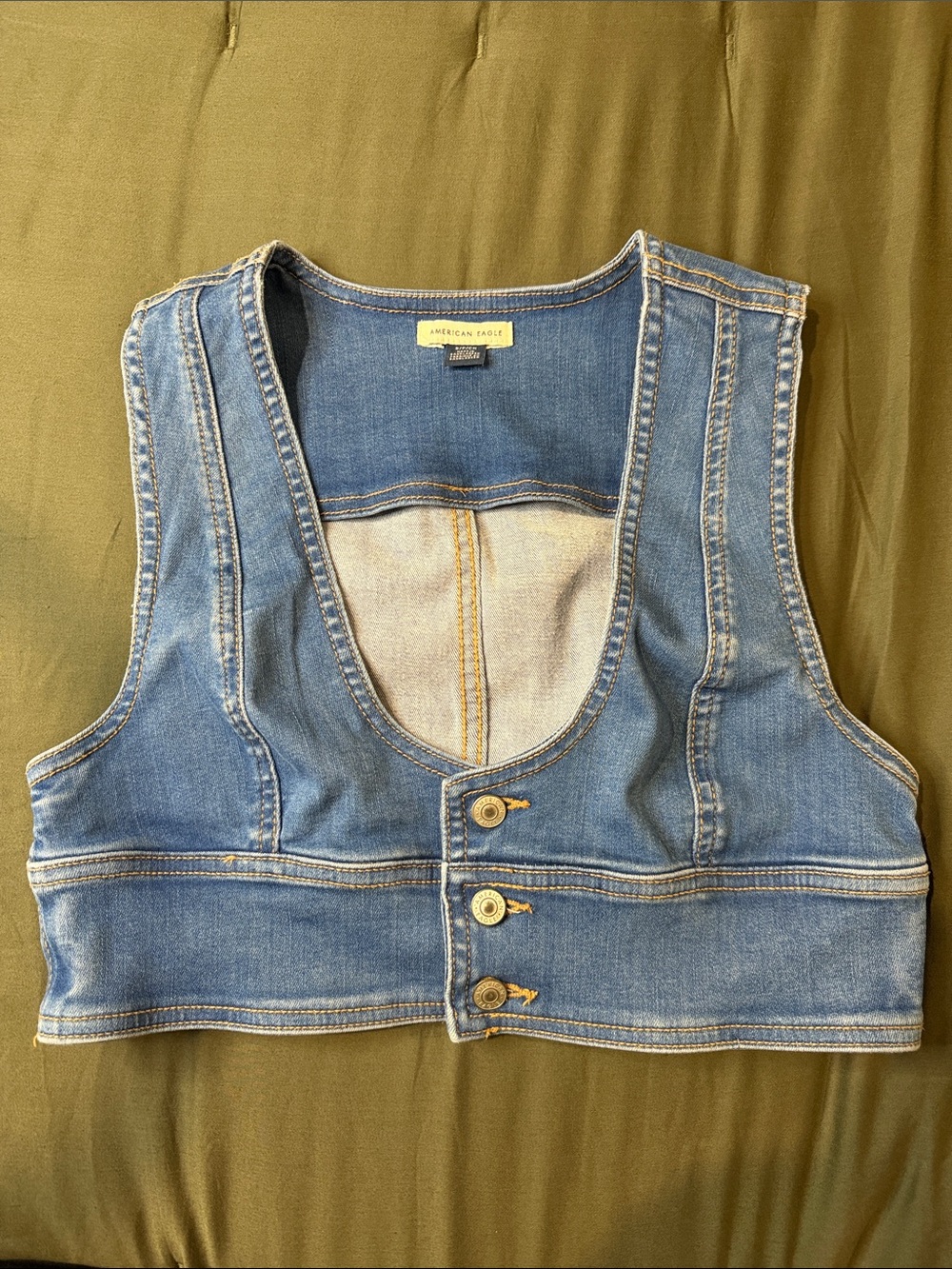 American Eagle Blue Denim Vest with Contrast Stitching